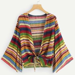 Plus Striped Knot Hem Kimono